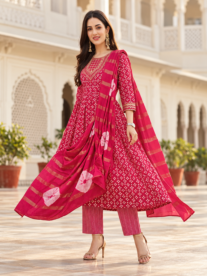 Rani Pink Bandhani Print Cotton Umbrella Kurta Set