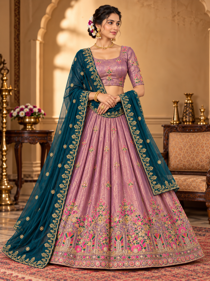 Royal Floral Heritage Embroidered Lehenga Choli with Contrast Dupatta