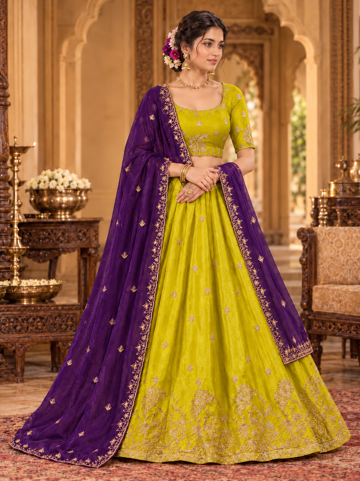 Peacock Zari Embroidered Lehenga Choli with Contrast Dupatta