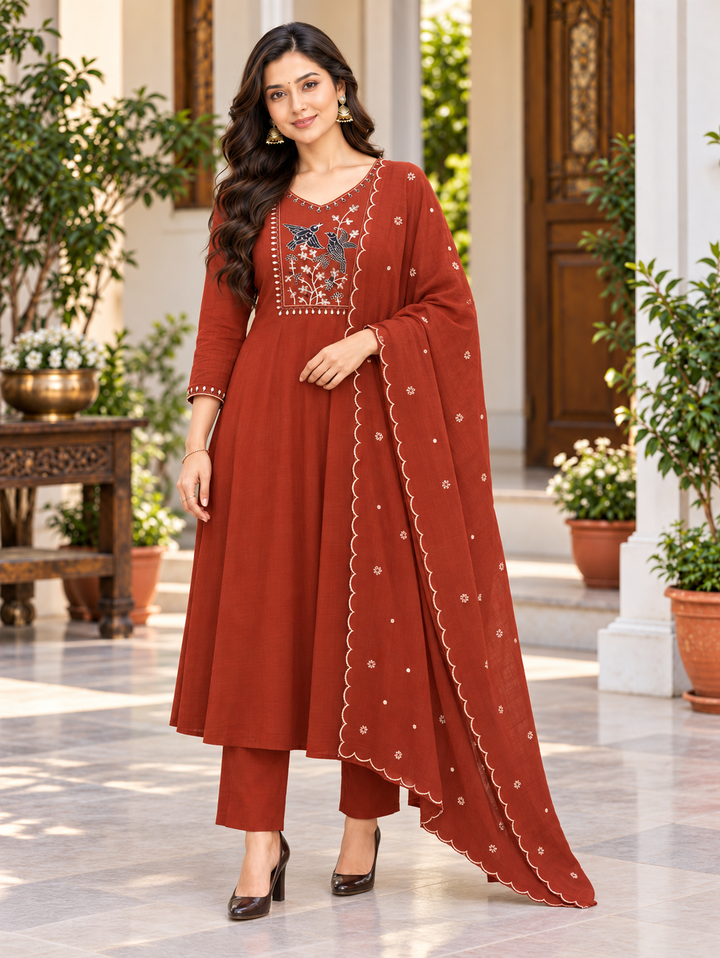 Embroidered Muslin Three-Piece Kurta Set with Dupatta