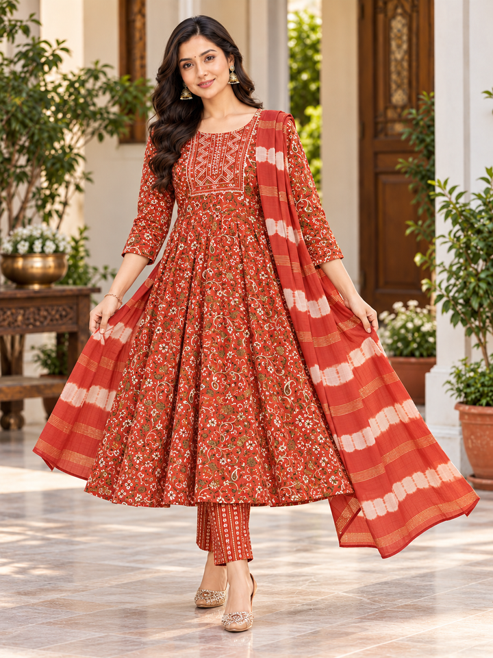 Rust Orange Floral Umbrella Kurta Set