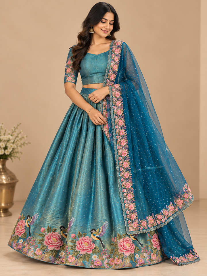 Floral Rose & Bird Embroidered Designer Lehenga Choli with Dupatta