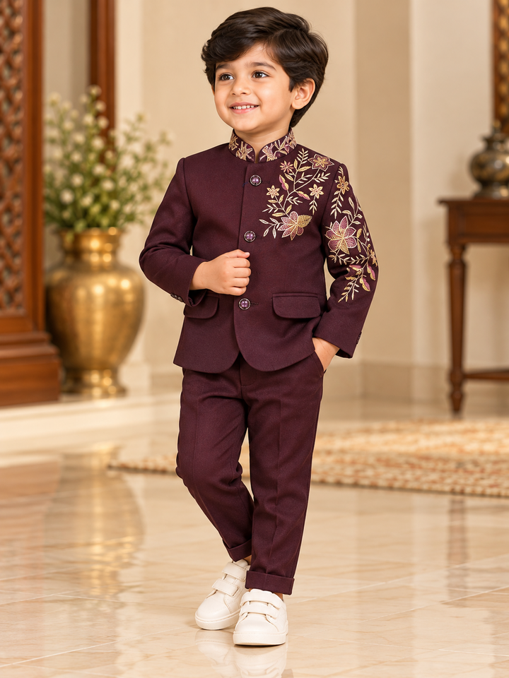 Boys Floral Embroidered Bandhgala Suit Set