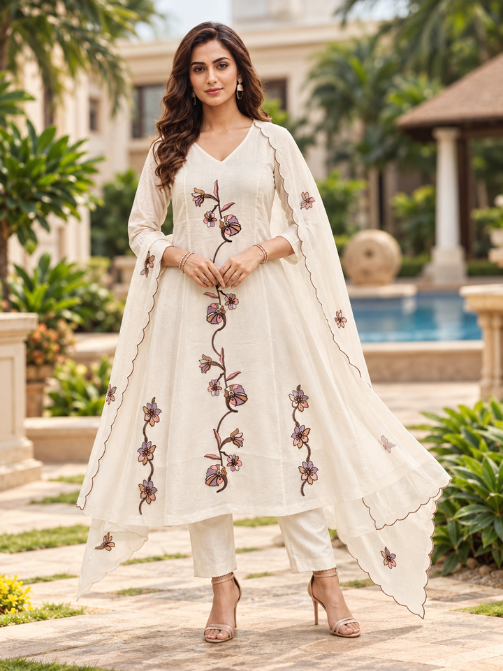 Ivory Mull Chenderi floral three-piece kurta set with matching trousers and scalloped dupatta