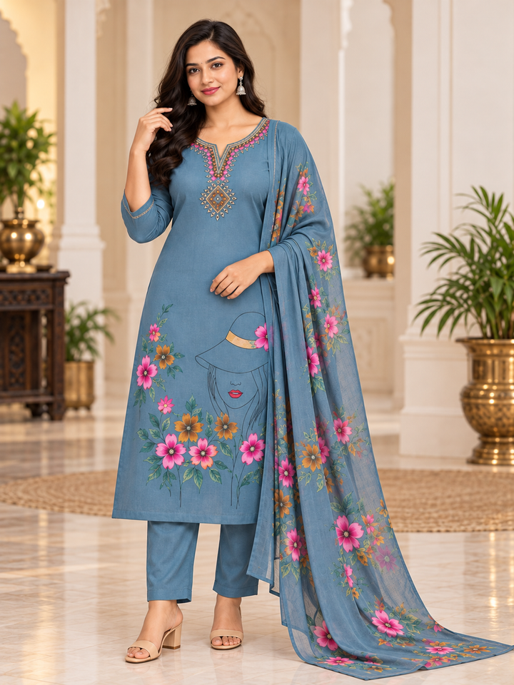 Women's Floral Printed 3-Piece Kurta Set with Embroidered Neckline | L003