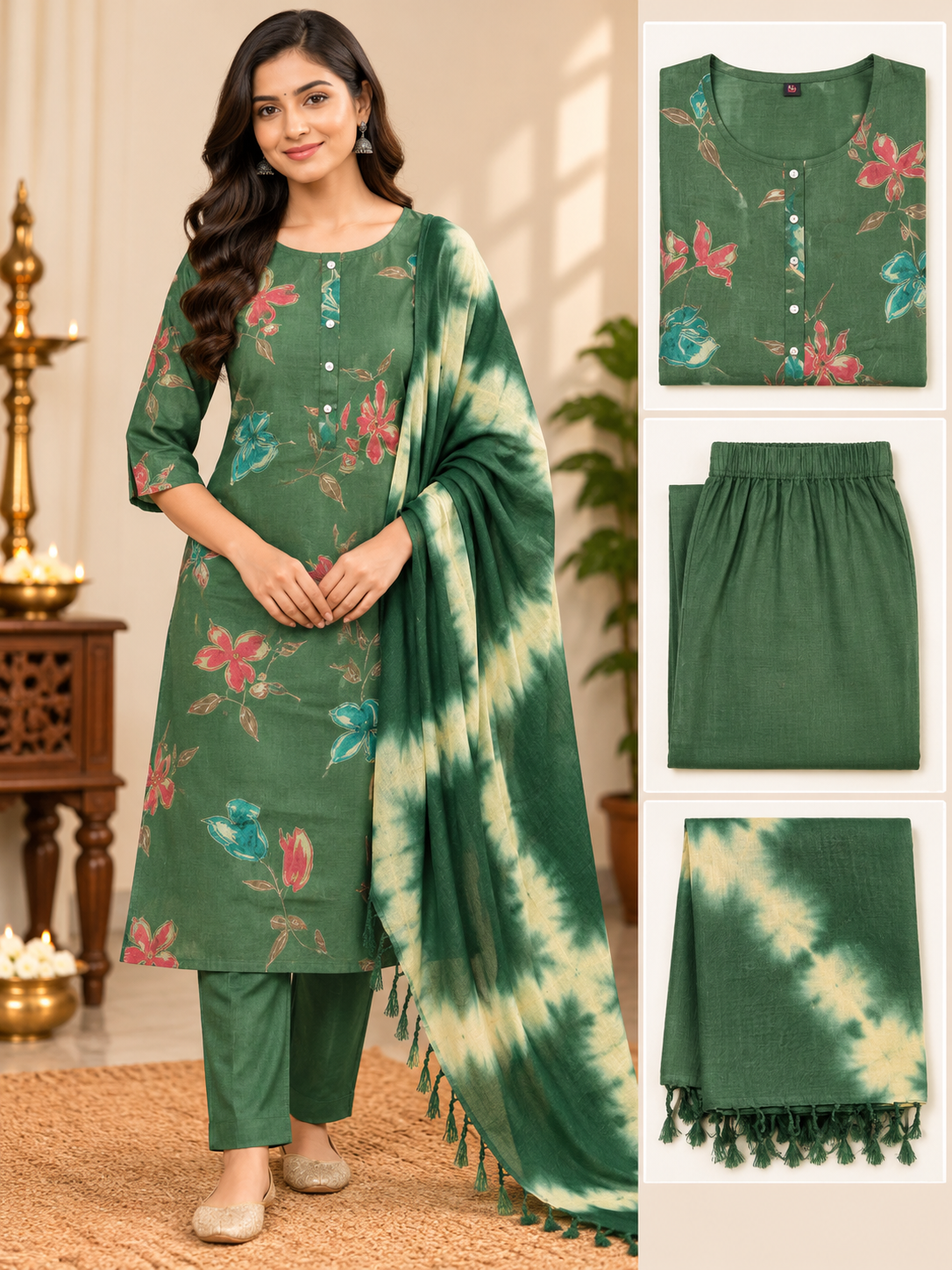 Printed Kurta Pant & Tie-Dye Dupatta 3 Piece Set