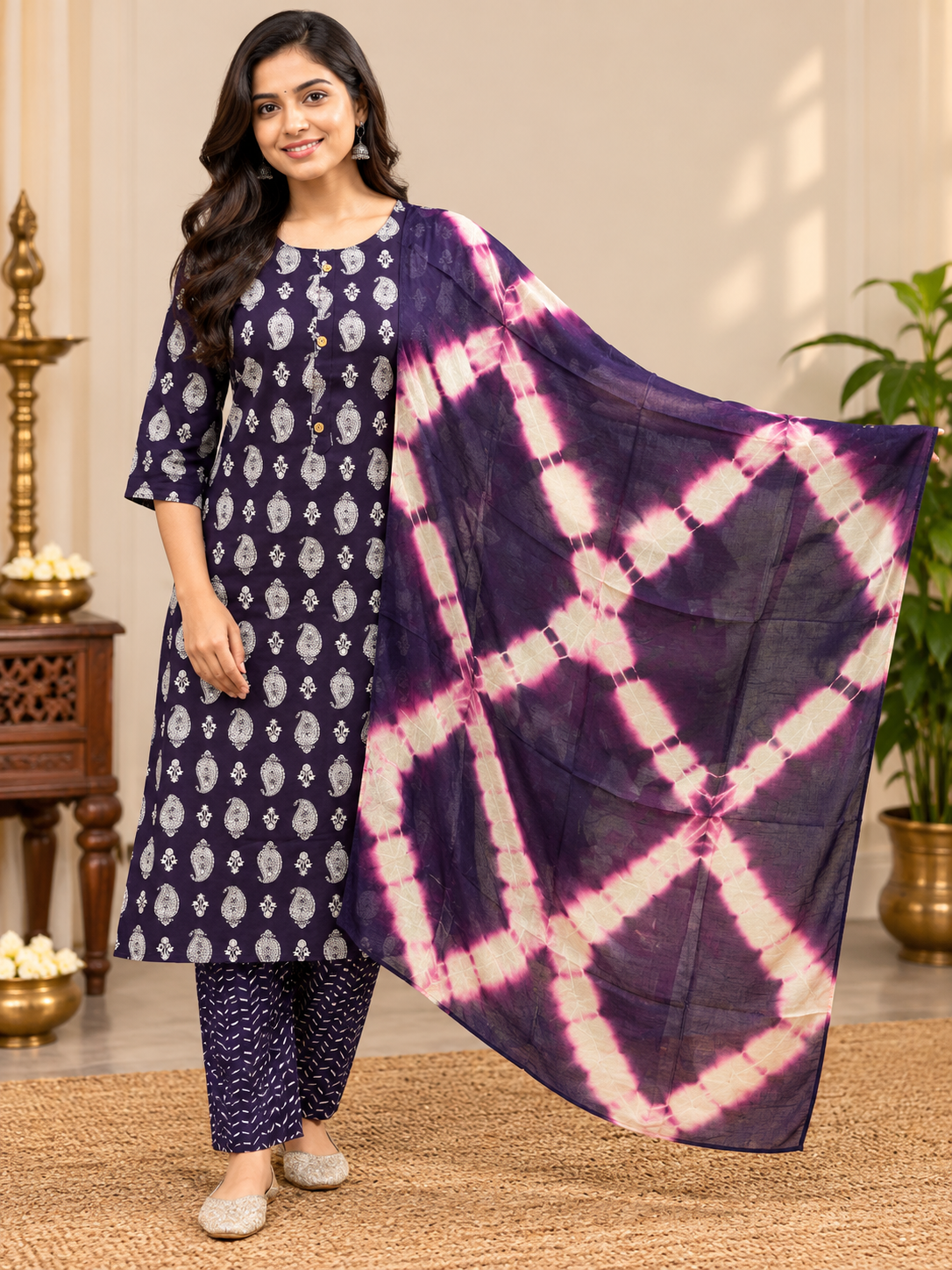 Printed Kurta Pant & Tie-Dye Dupatta 3 Piece Set