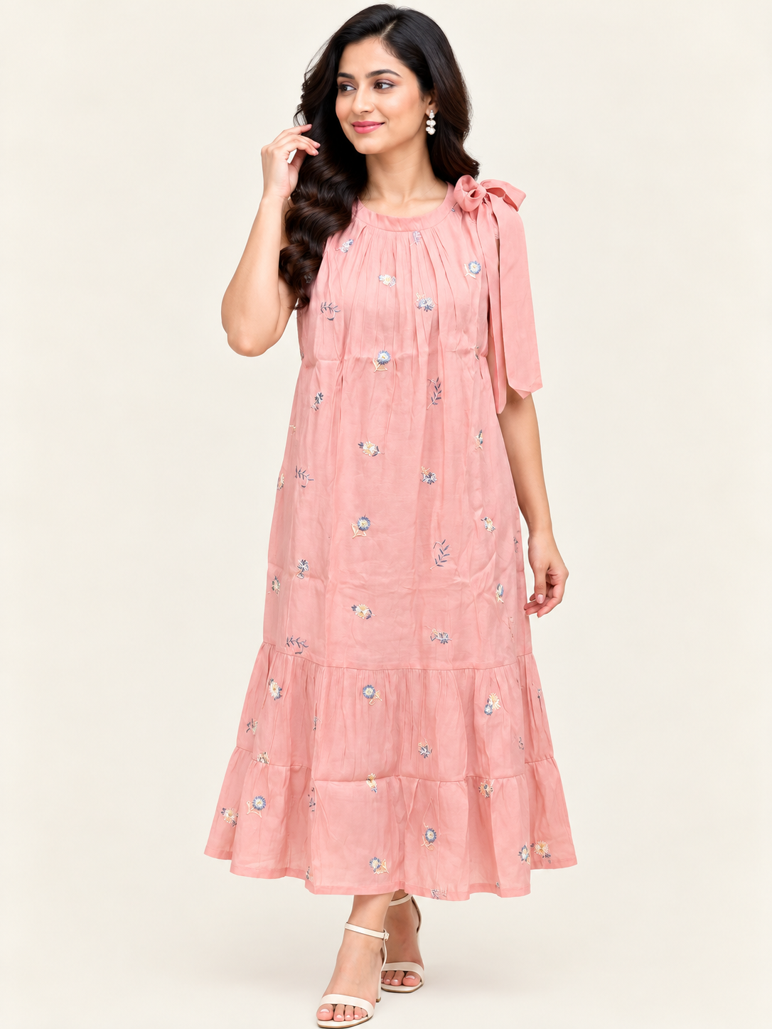 Pink Floral Embroidered Midi Dress with Shoulder Bow