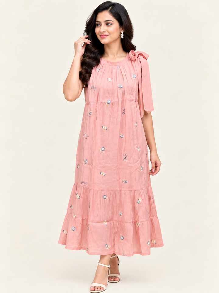 Pink Floral Embroidered Midi Dress with Shoulder Bow