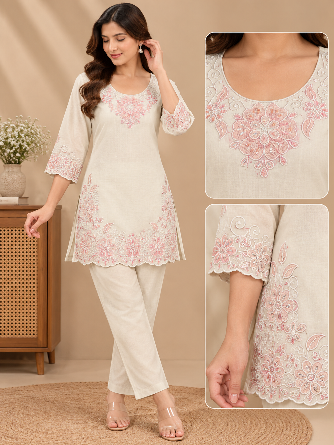 Floral Embroidered Straight Kurti & Pant Set