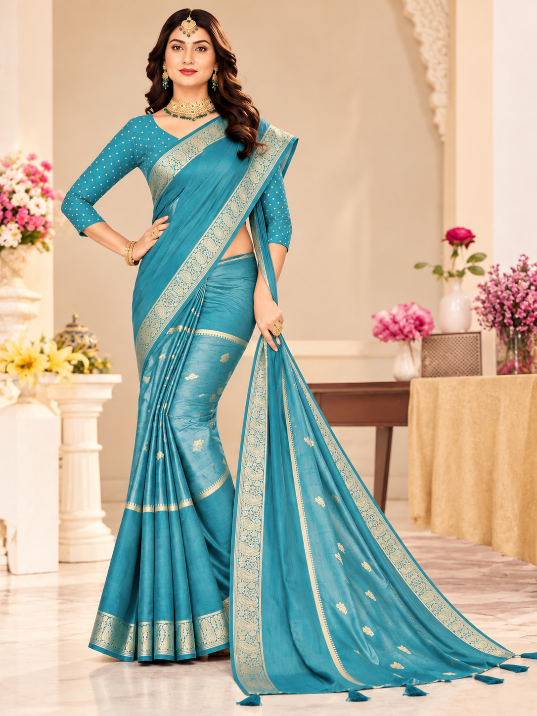 Soft Chinnon Gold Zari Border Saree – 8 Colours