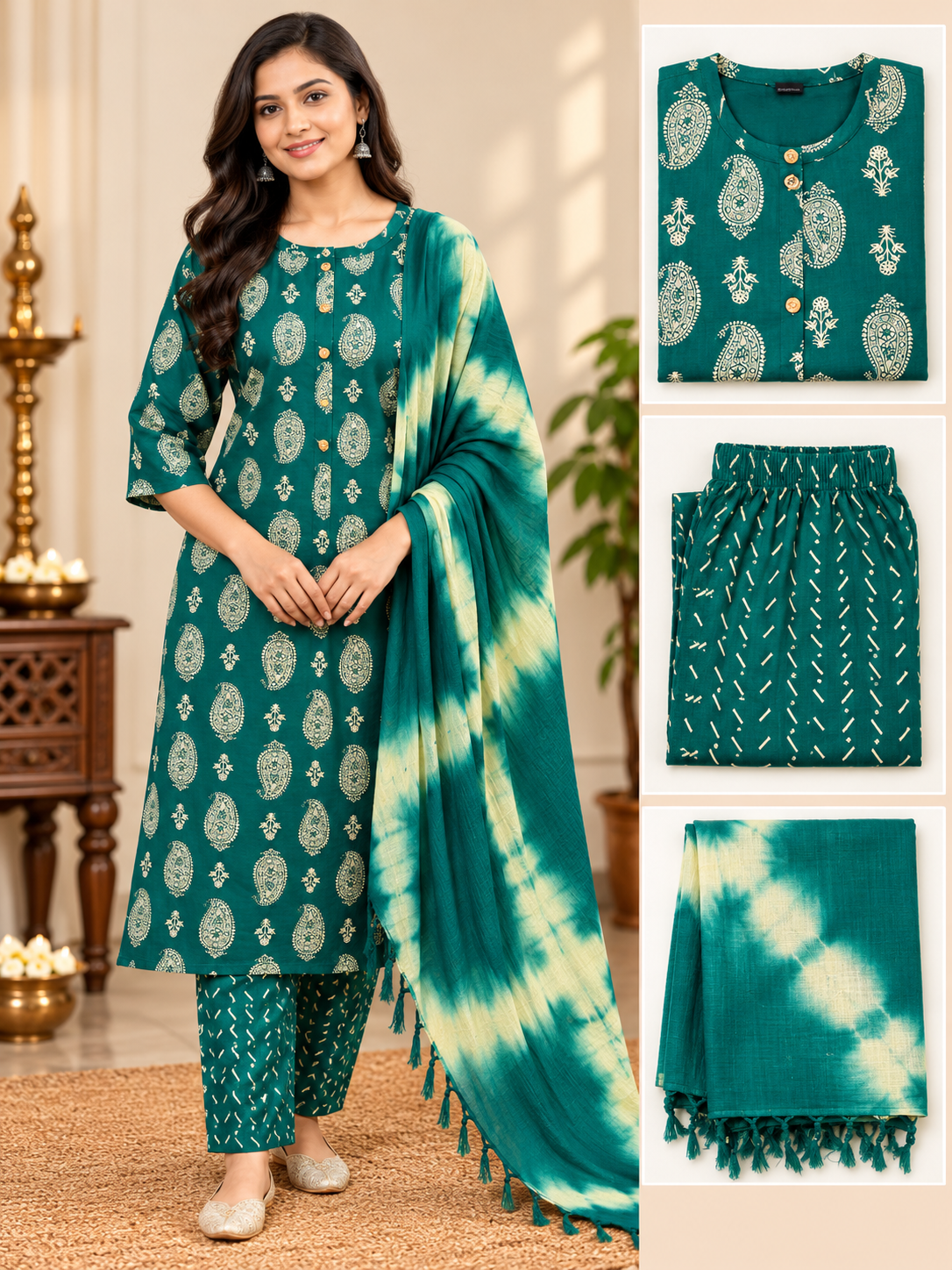 Printed Kurta Pant & Tie-Dye Dupatta 3 Piece Set