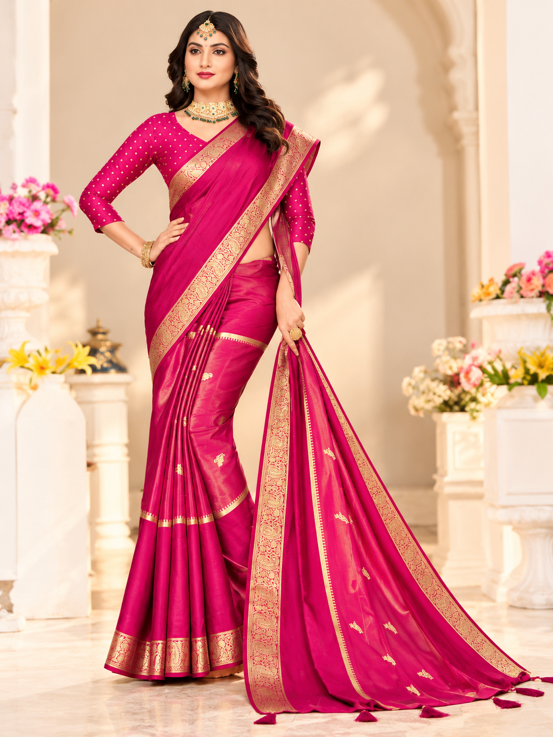 Soft Chinnon Gold Zari Border Saree – 8 Colours