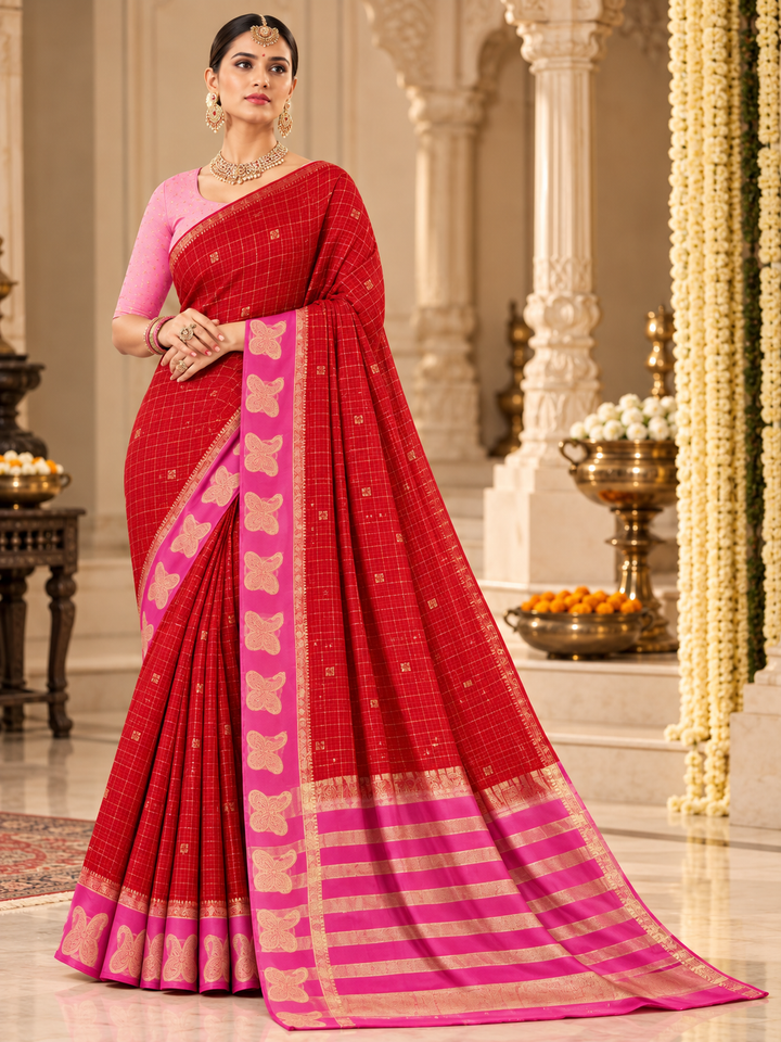 Traditional Woven Saree with Contrast Border & Motif Pallu