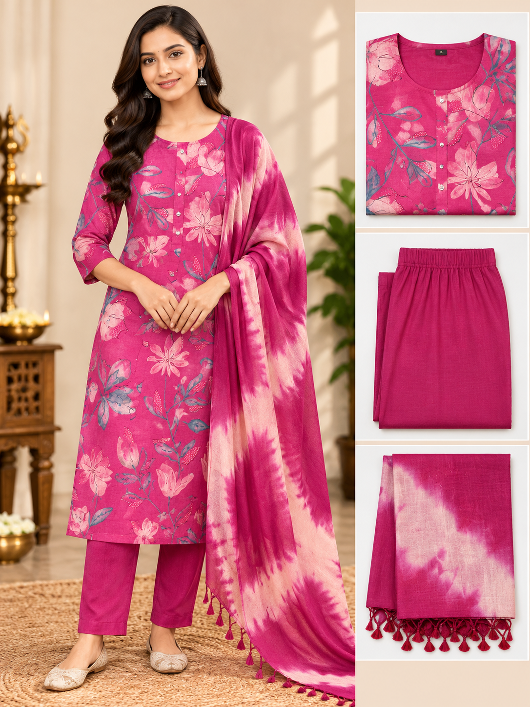 Printed Kurta Pant & Tie-Dye Dupatta 3 Piece Set