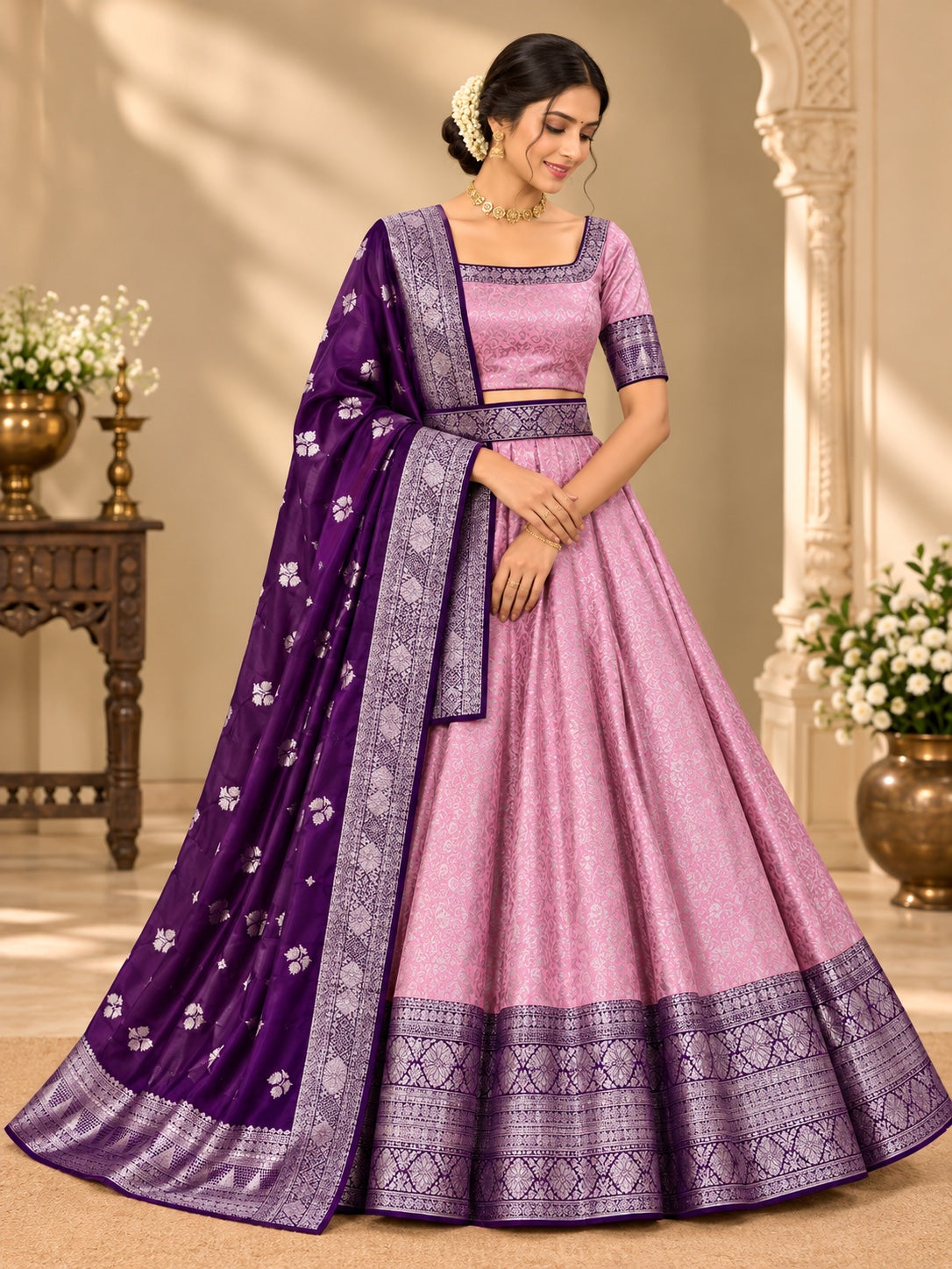 Royal Banarasi Woven Lehenga Choli with Contrast Dupatta