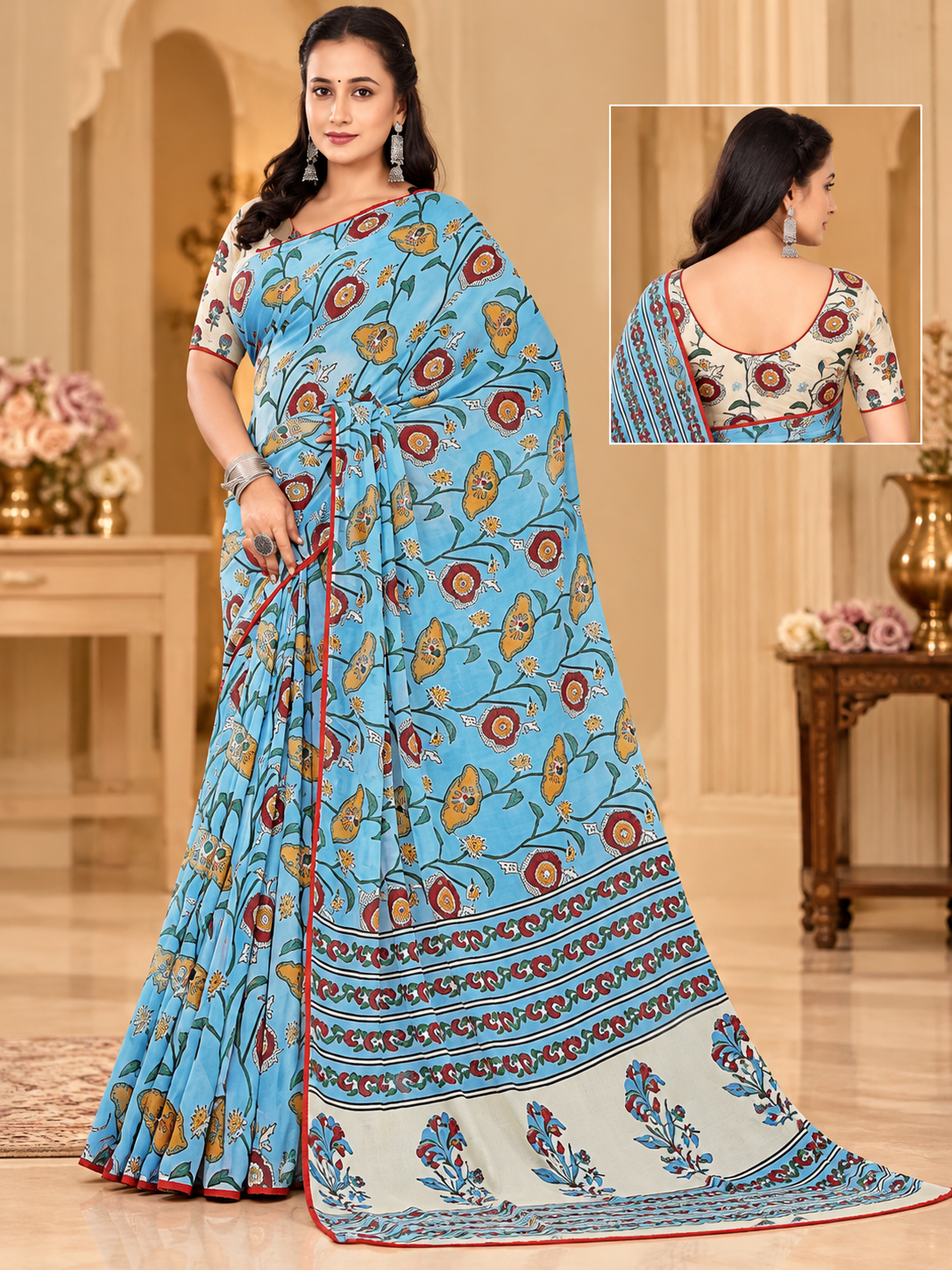 Sky Blue Floral Printed Saree with Designer Border & Pallu
