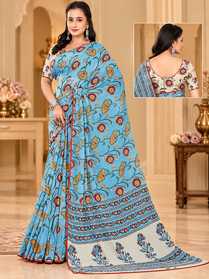Sky Blue Floral Printed Saree with Designer Border & Pallu