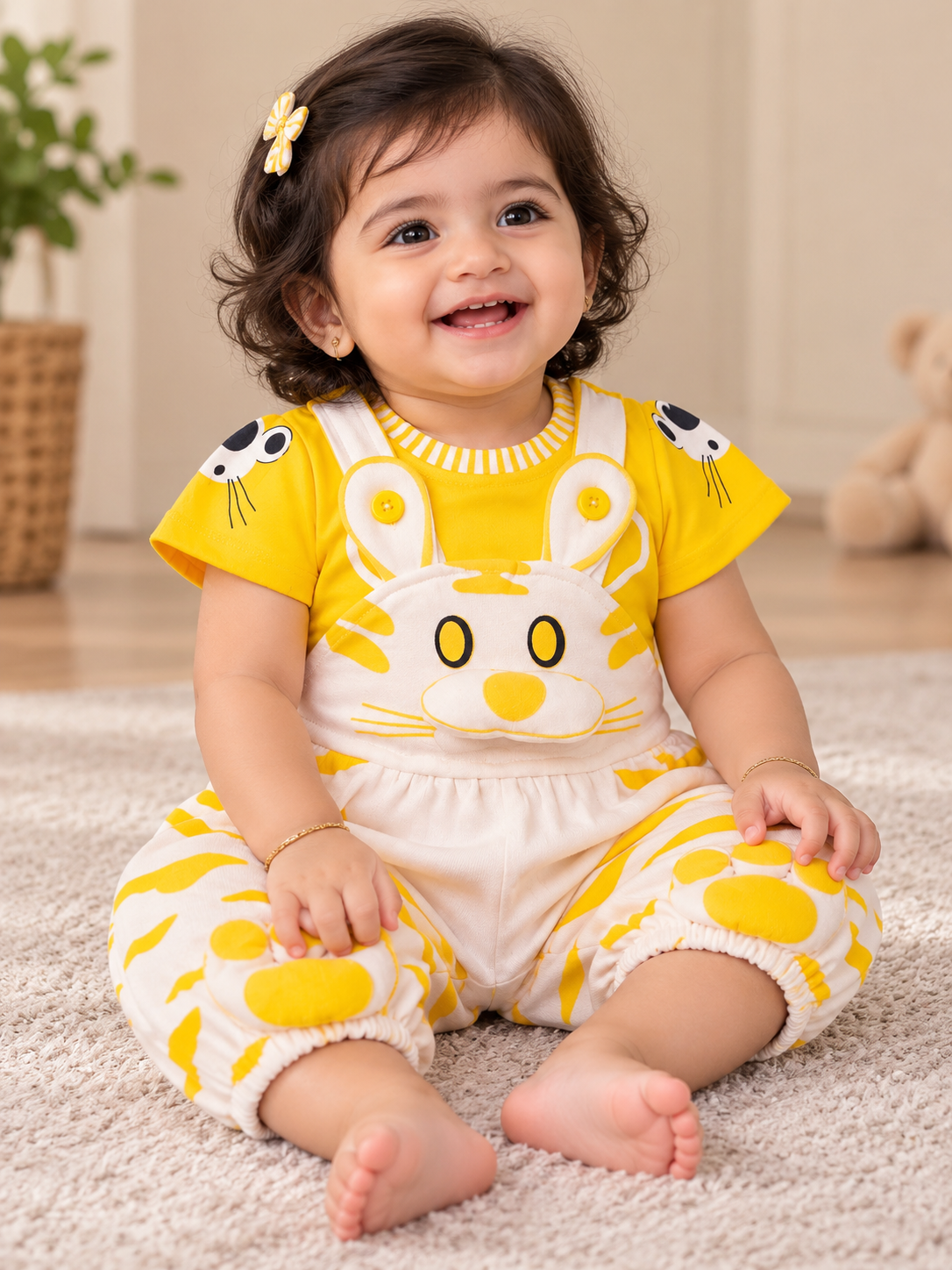 Baby Girls Yellow Tiger Dungaree Cotton Set with T-Shirt