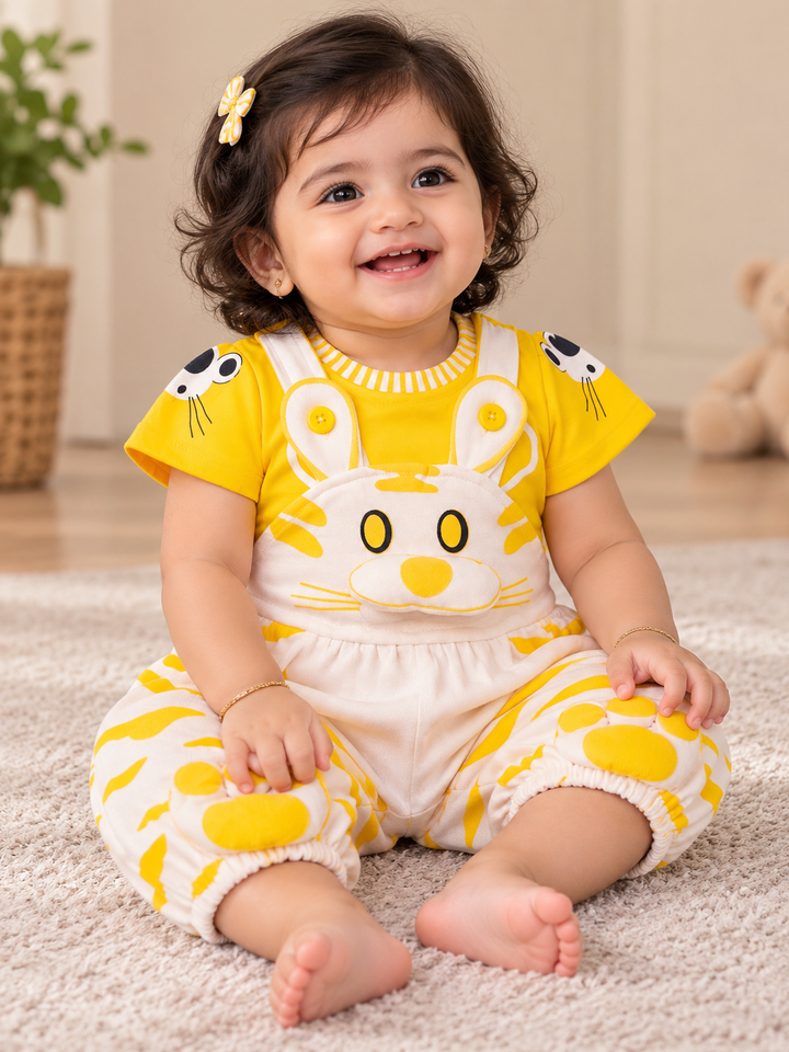 Baby Girls Yellow Tiger Dungaree Cotton Set with T-Shirt