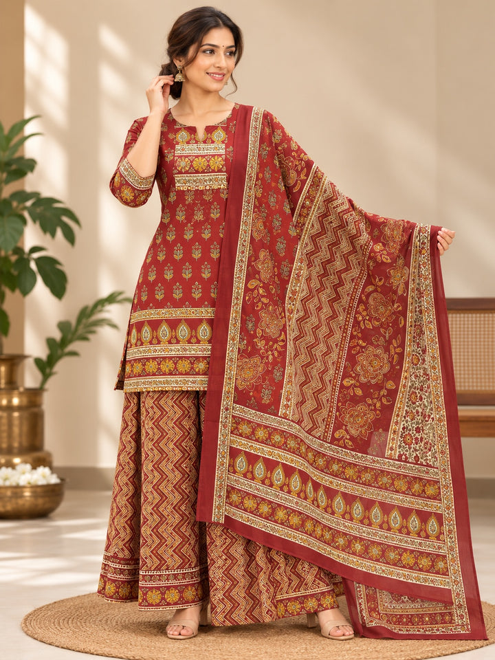 Maroon Floral & Chevron Printed Kurta Palazzo Dupatta 3 Piece Set