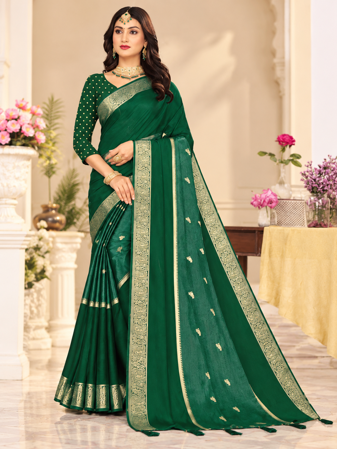 Soft Chinnon Gold Zari Border Saree – 8 Colours