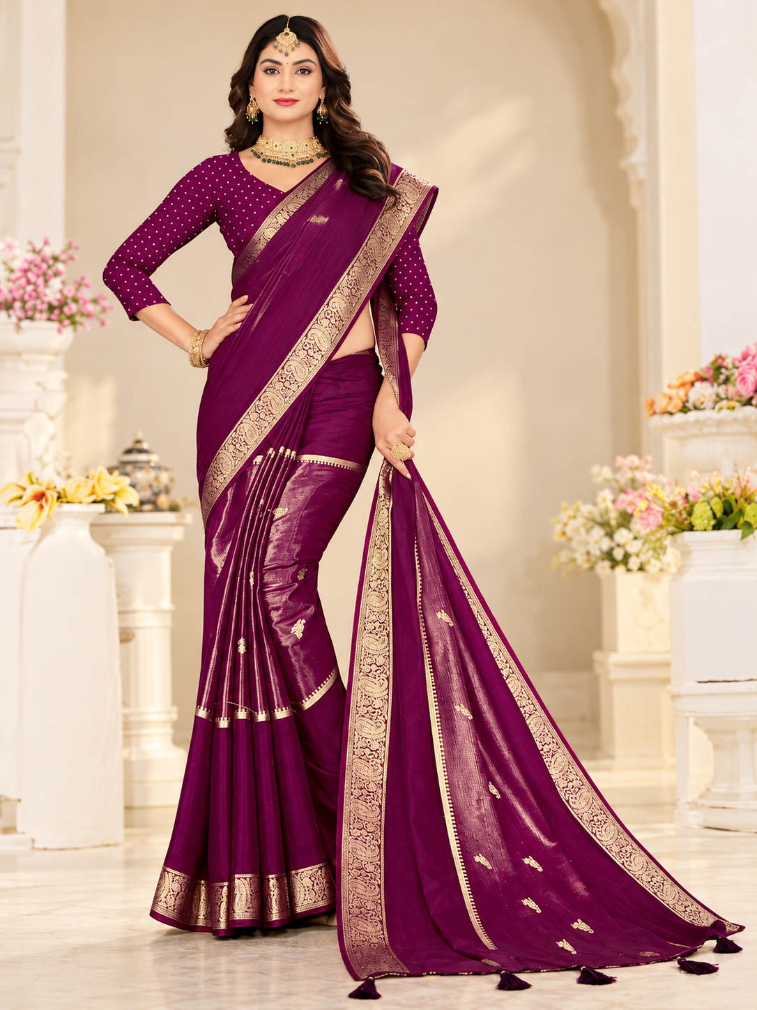 Soft Chinnon Gold Zari Border Saree – 8 Colours