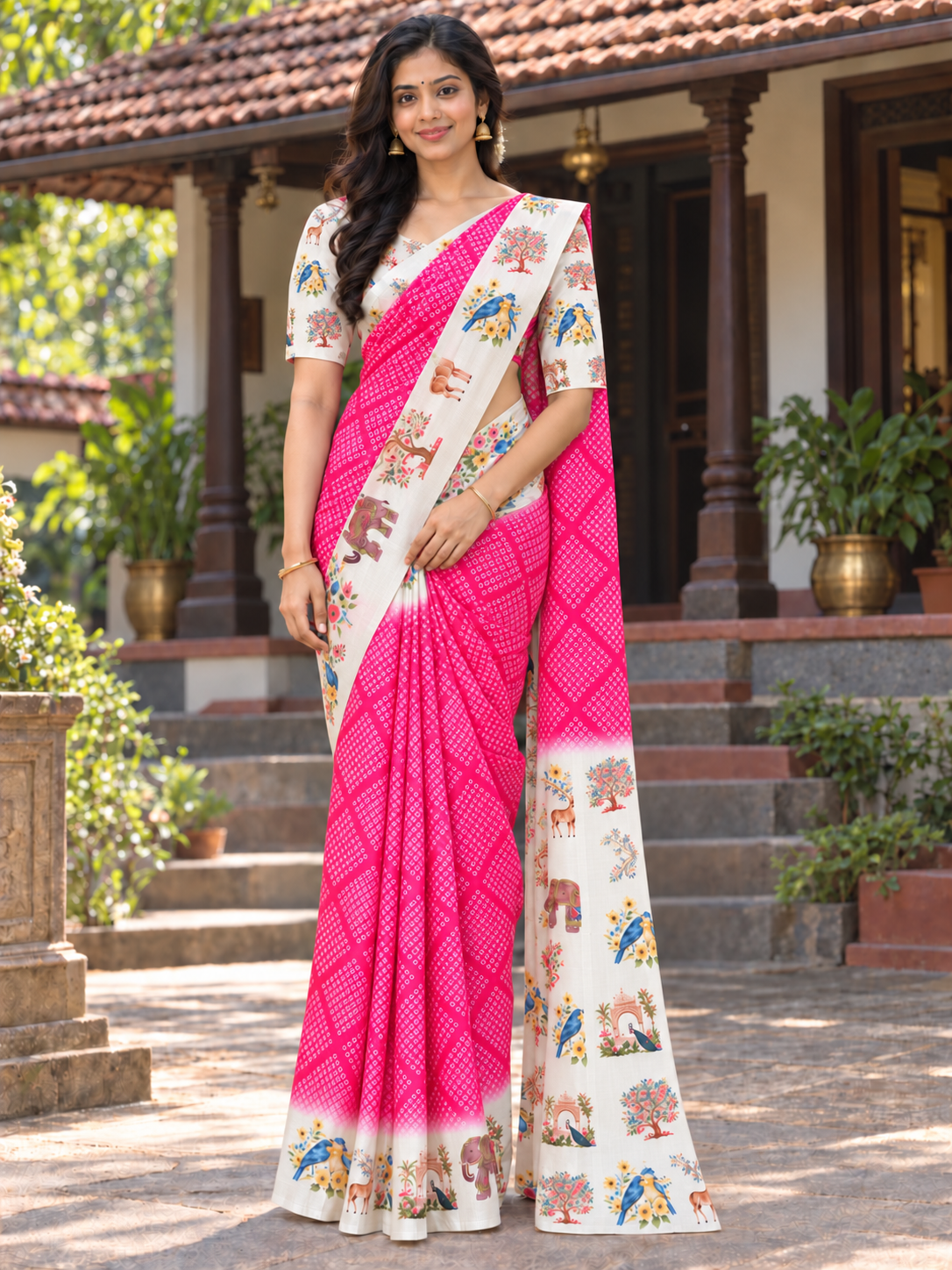 Hot Pink Dotted Saree with Ivory Printed Border