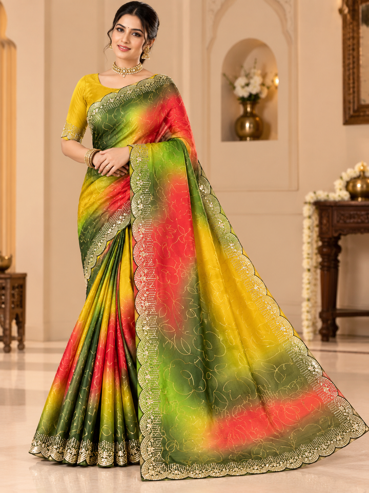 Multicolour Floral Georgette Saree with Embellished Border