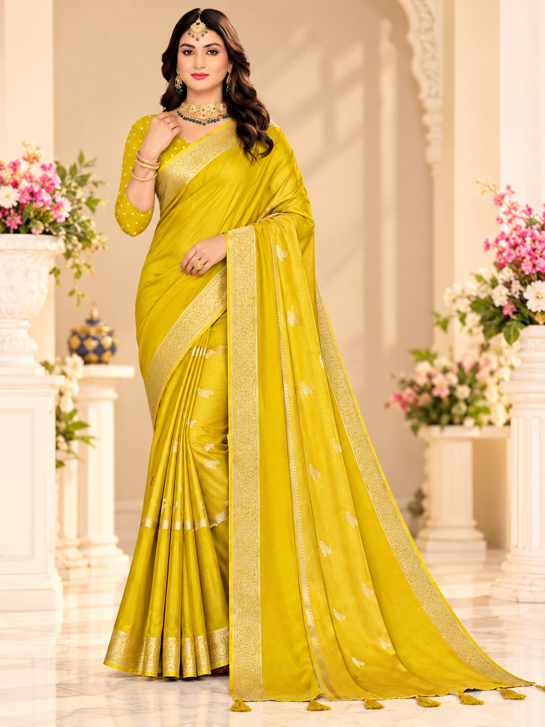 Soft Chinnon Gold Zari Border Saree – 8 Colours