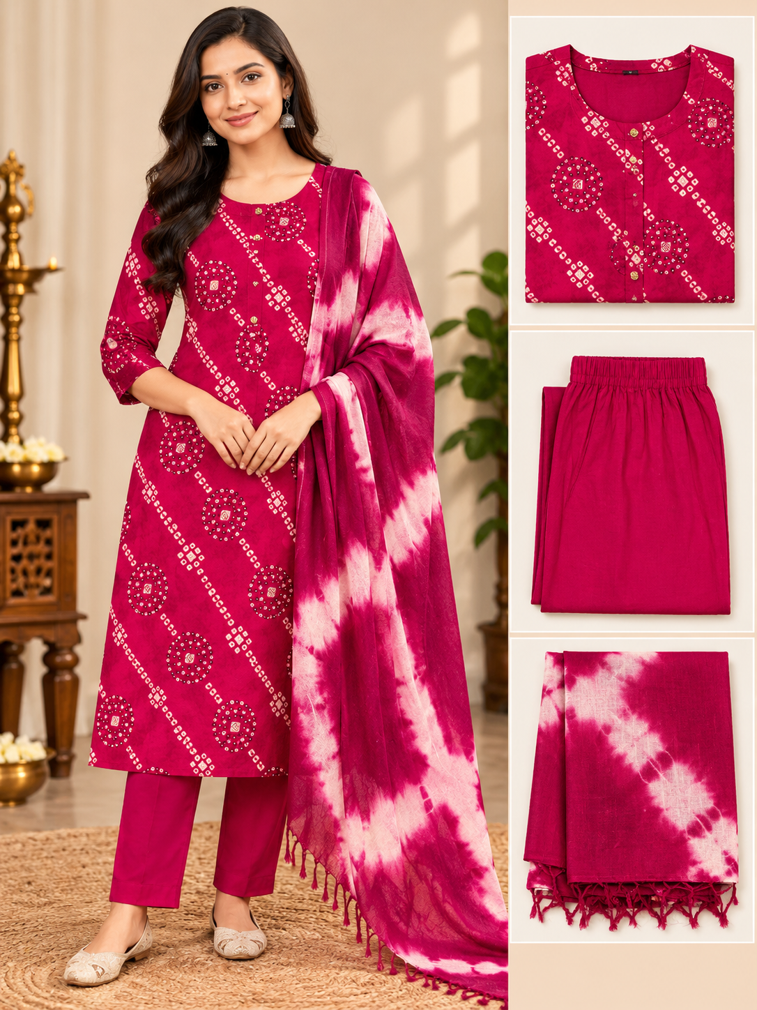 Printed Kurta Pant & Tie-Dye Dupatta 3 Piece Set