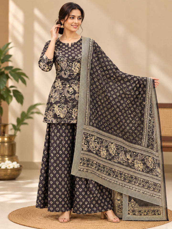 Black and Beige Floral Printed Kurta Palazzo Dupatta 3 Piece Set
