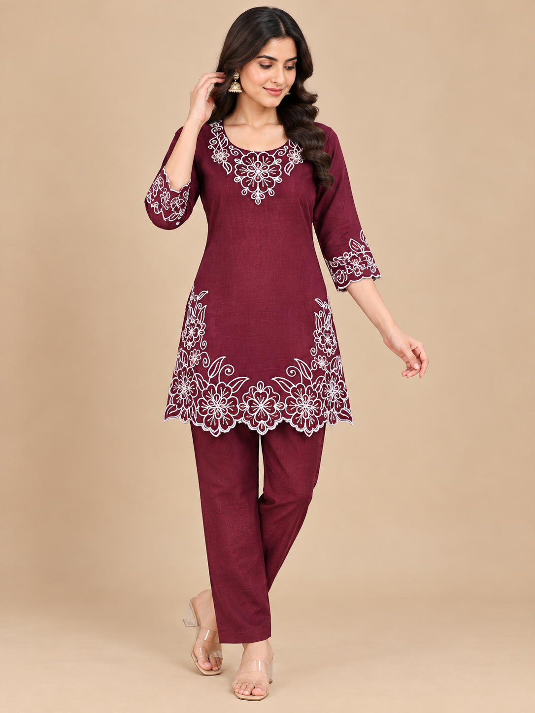 Floral Embroidered Straight Kurti & Pant Set
