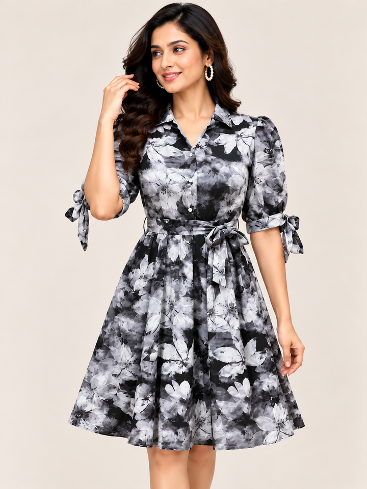 Printed Belted Fit & Flare Dress