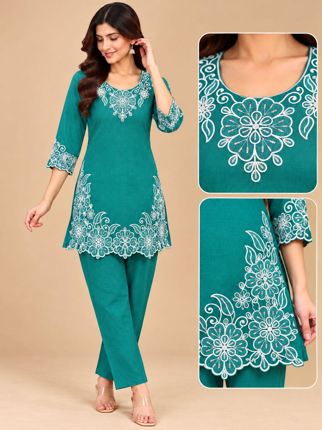 Floral Embroidered Straight Kurti & Pant Set
