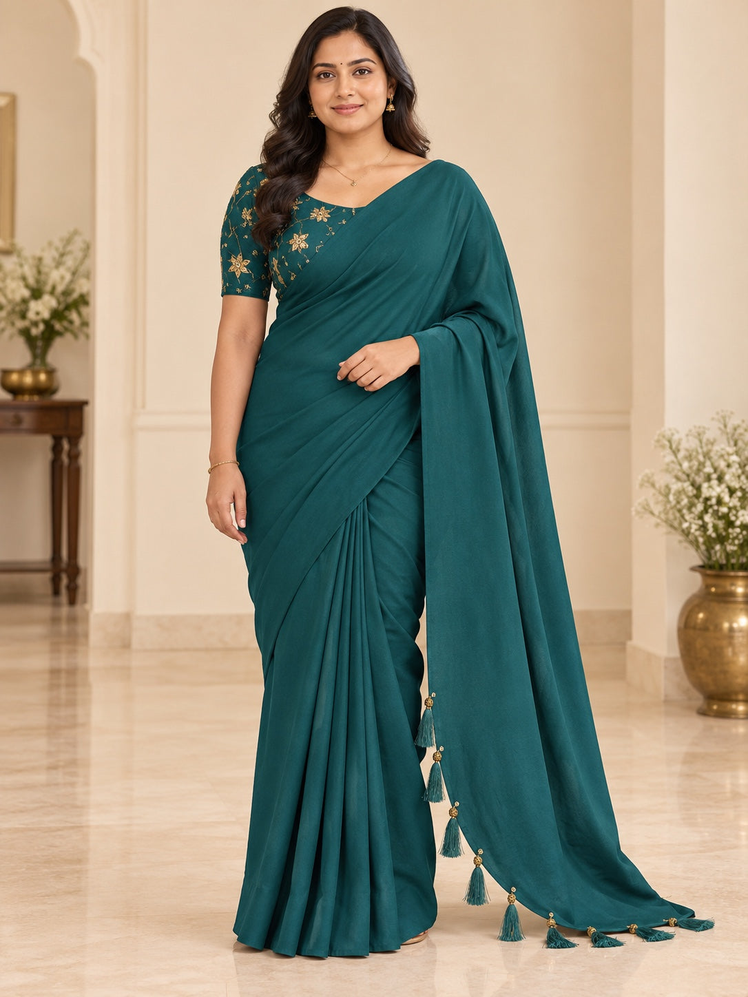 Deep Peacock Teal Blue Plain Saree with Tassel Pallu