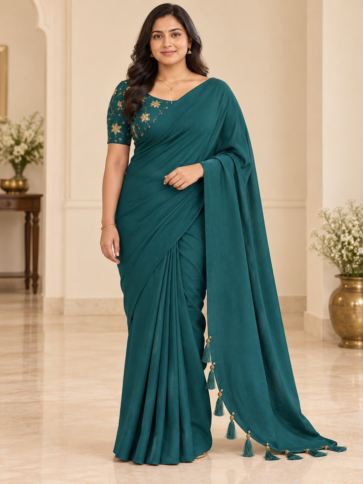 Deep Peacock Teal Blue Plain Saree with Tassel Pallu
