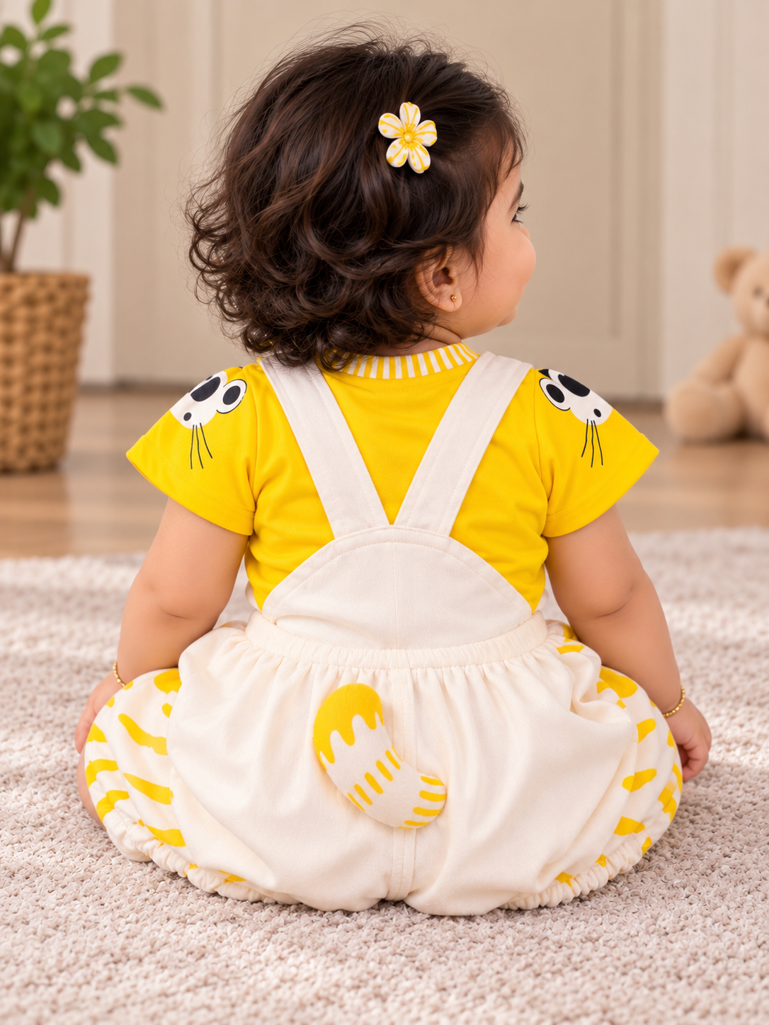 Baby Girls Yellow Tiger Dungaree Cotton Set with T-Shirt