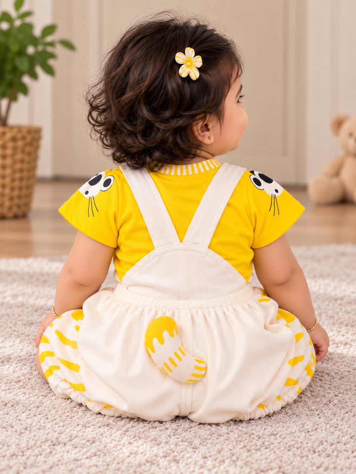 Baby Girls Yellow Tiger Dungaree Cotton Set with T-Shirt