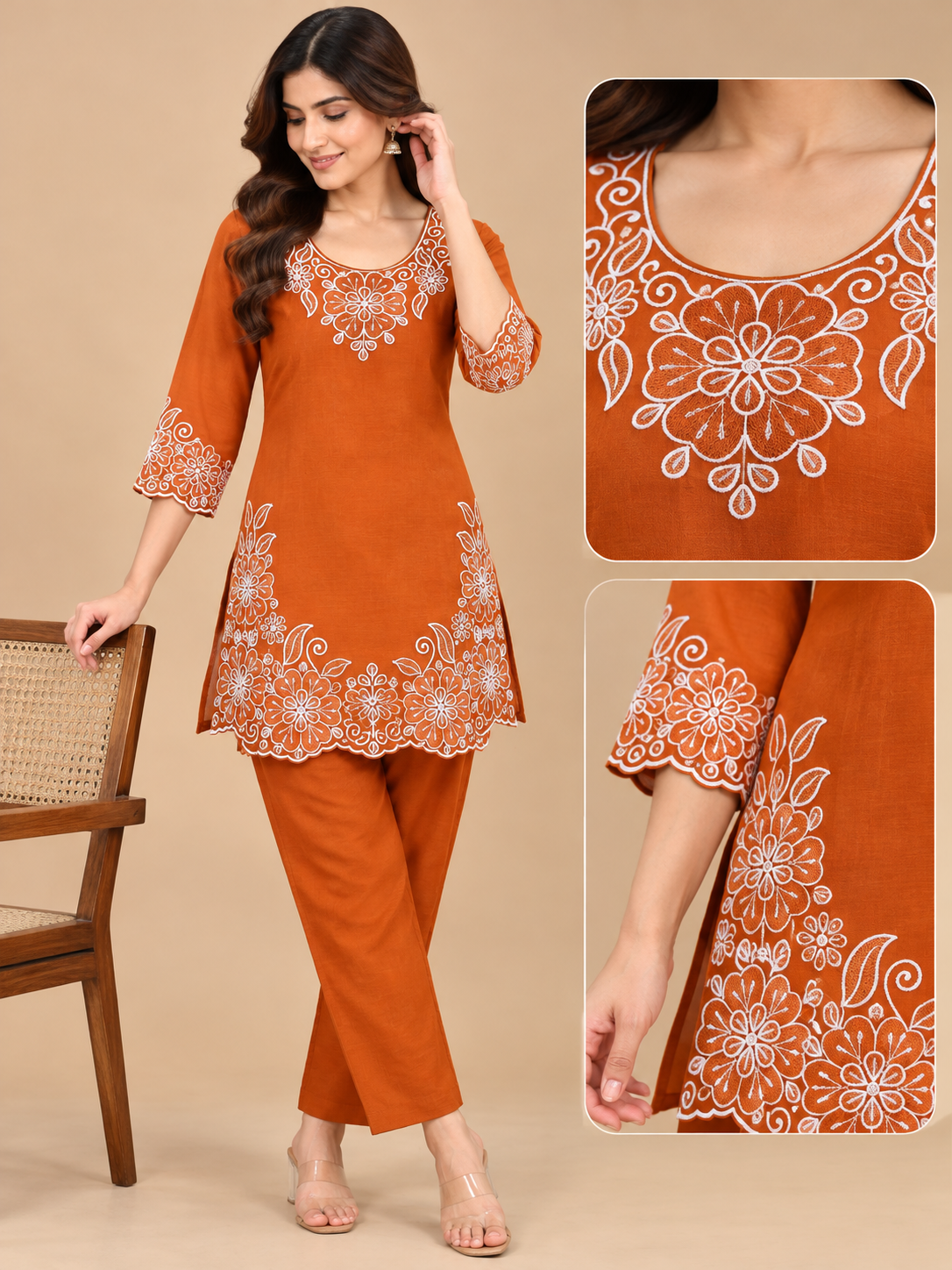 Floral Embroidered Straight Kurti & Pant Set