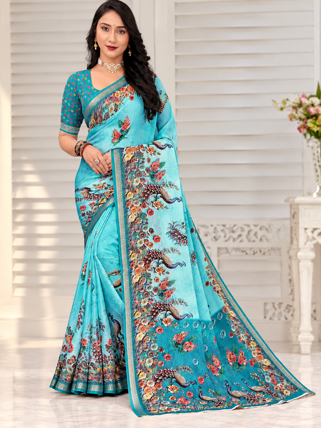 Peacock and Floral Motif Saree