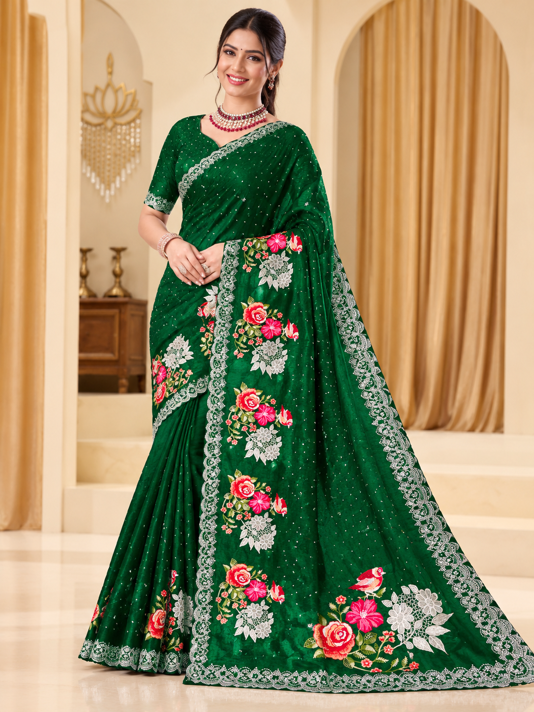 Emerald Green Floral Embroidered Glass Tissue Saree with Lace Border