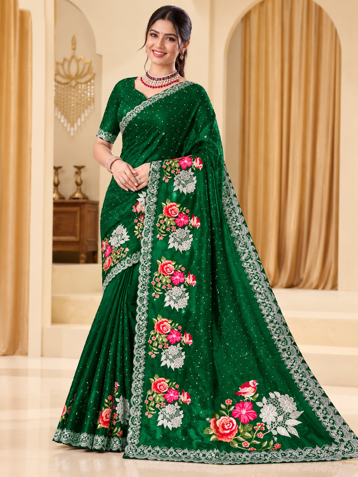 Emerald Green Floral Embroidered Glass Tissue Saree with Lace Border