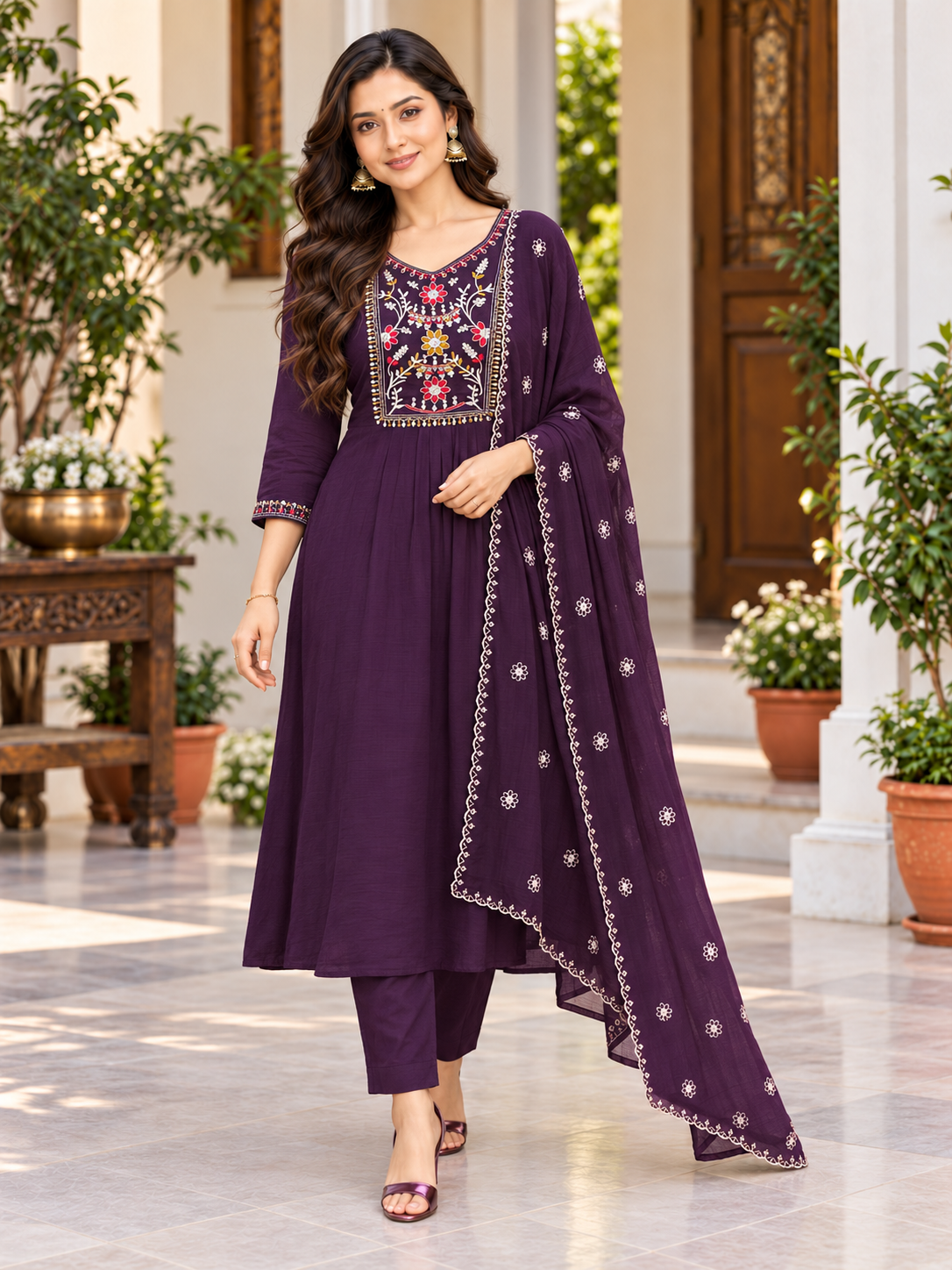 Embroidered Muslin Three-Piece Kurta Set with Dupatta