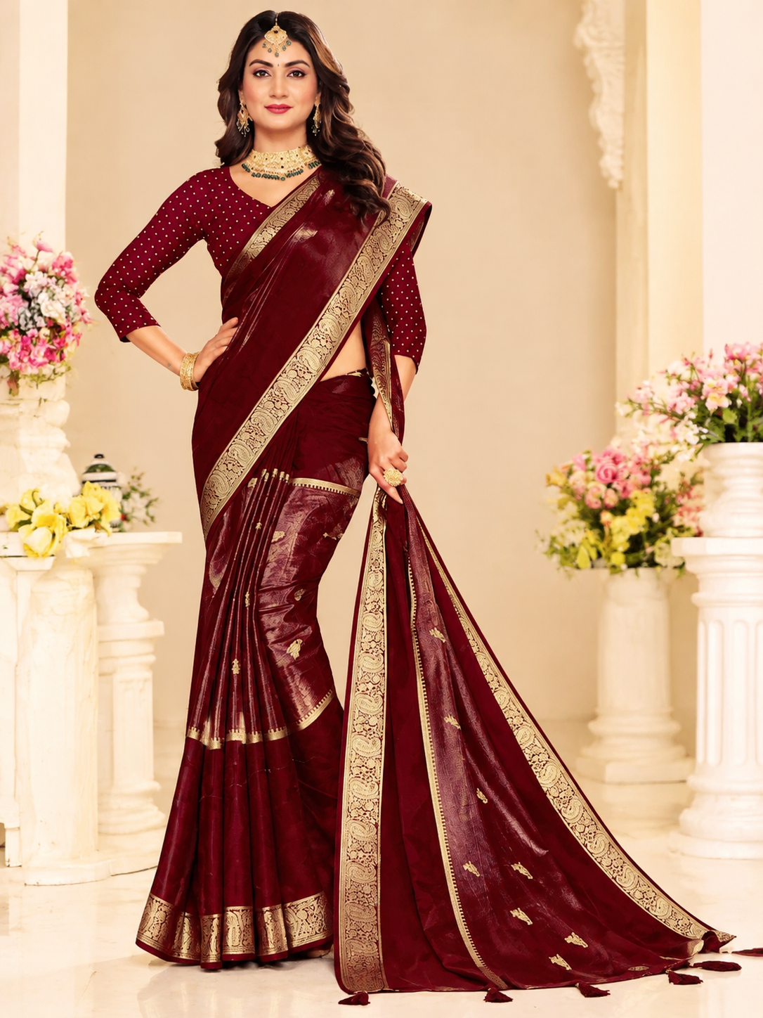 Soft Chinnon Gold Zari Border Saree – 8 Colours