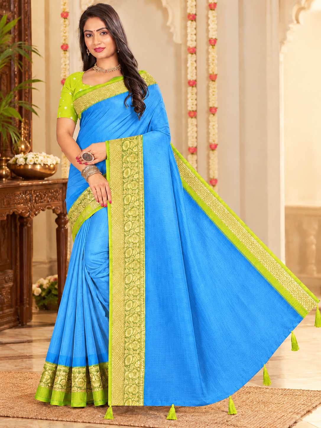 Blue, Mustard Yellow & Lime Green Contrast Border Saree – 3 Colour Variants