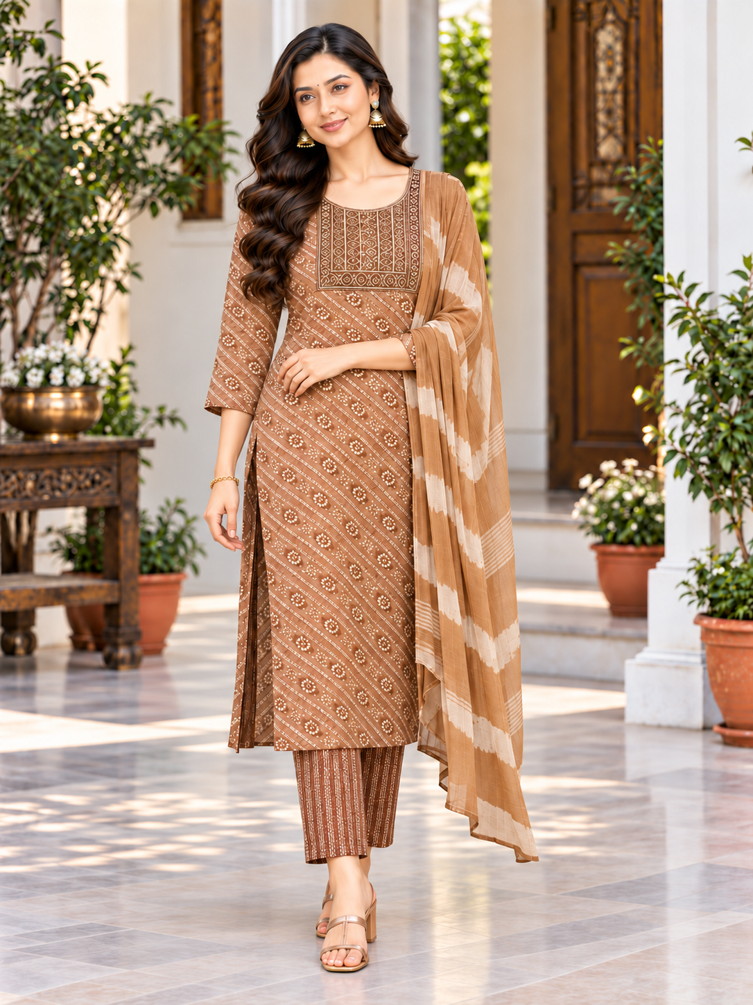 Brown Geometric Print Straight Kurta Set