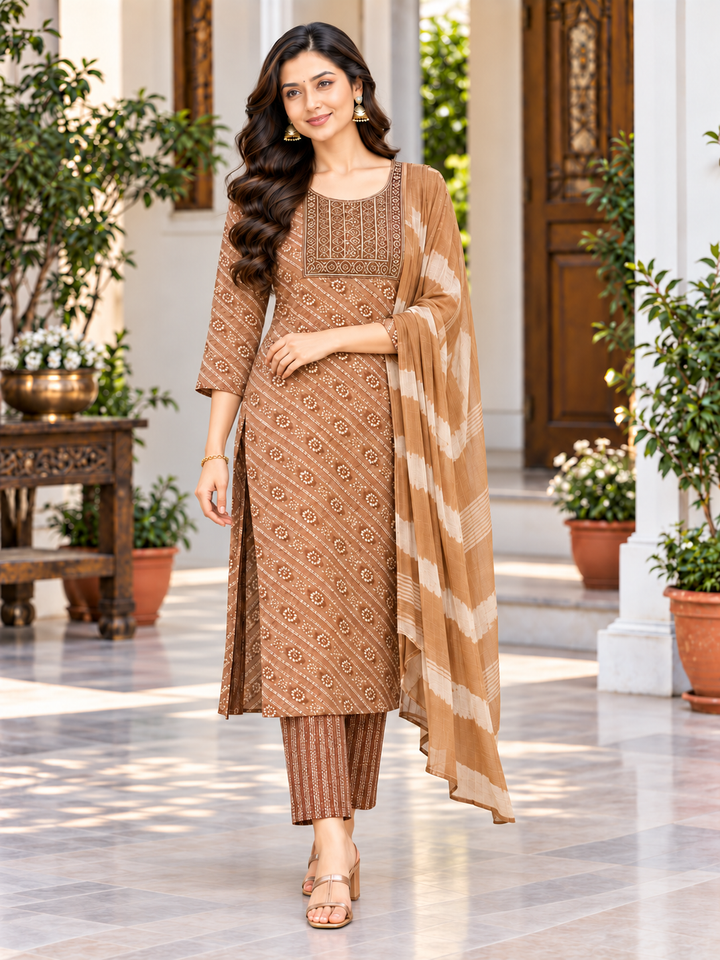 Brown Geometric Print Straight Kurta Set