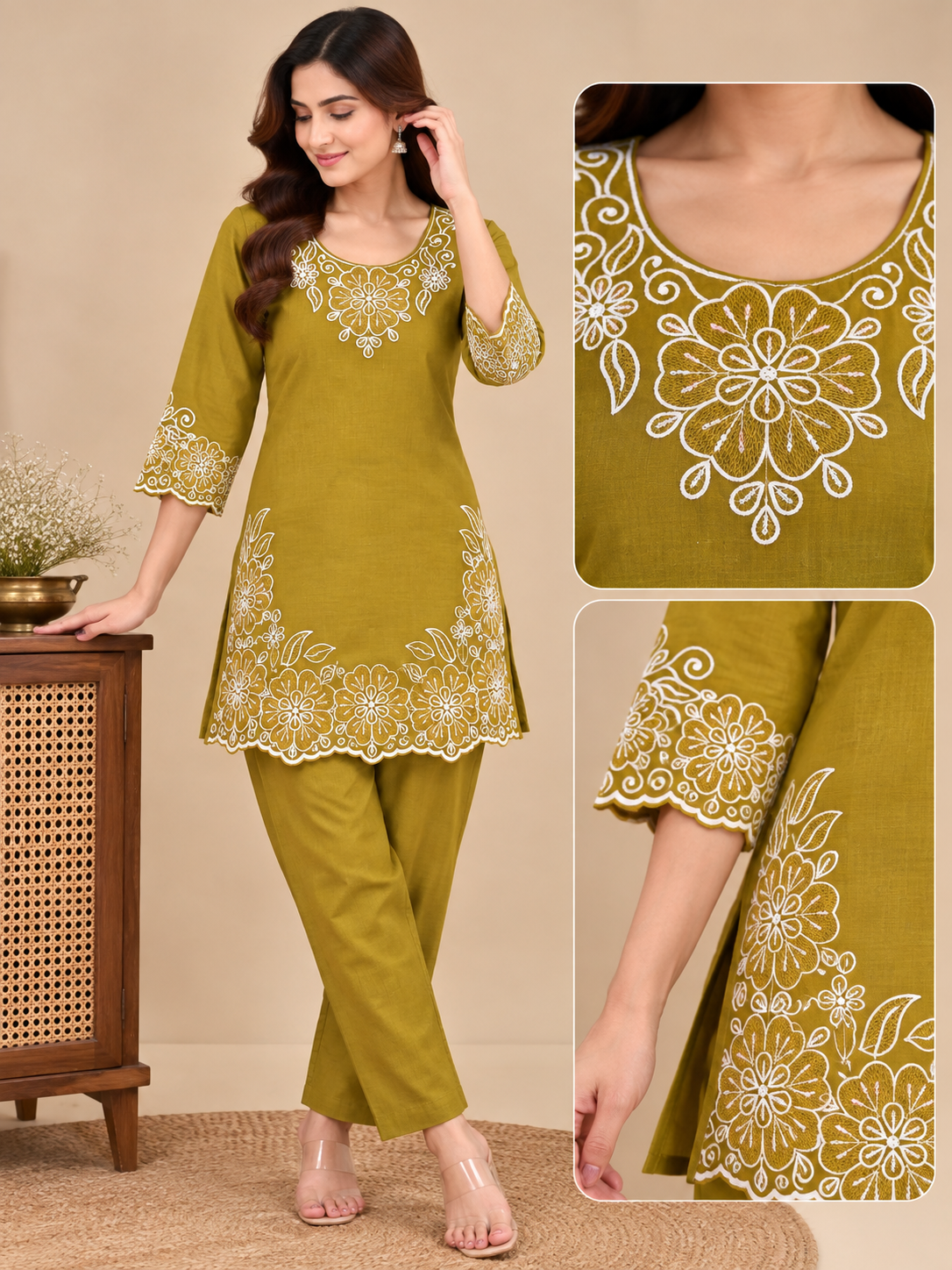 Floral Embroidered Straight Kurti & Pant Set