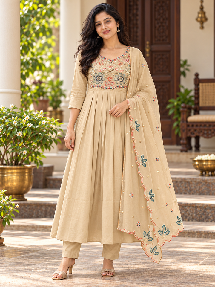 Floral Embroidered Pleated Kurta 3-Piece Set